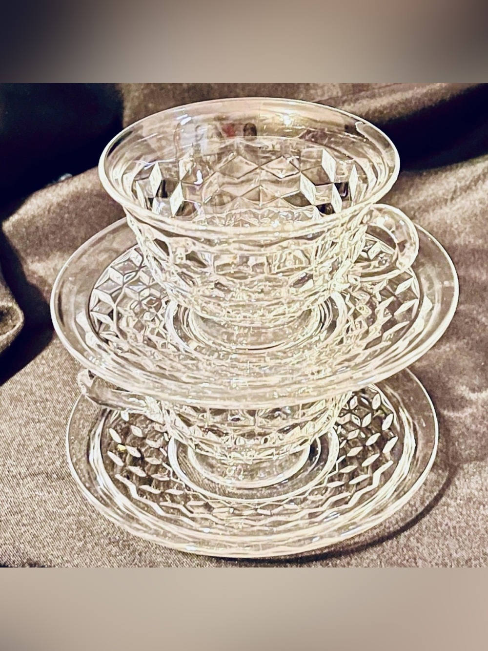 Vtg Fostoria American Crystal Clear Glass Cubist Flared Teacup Saucer Set of 2